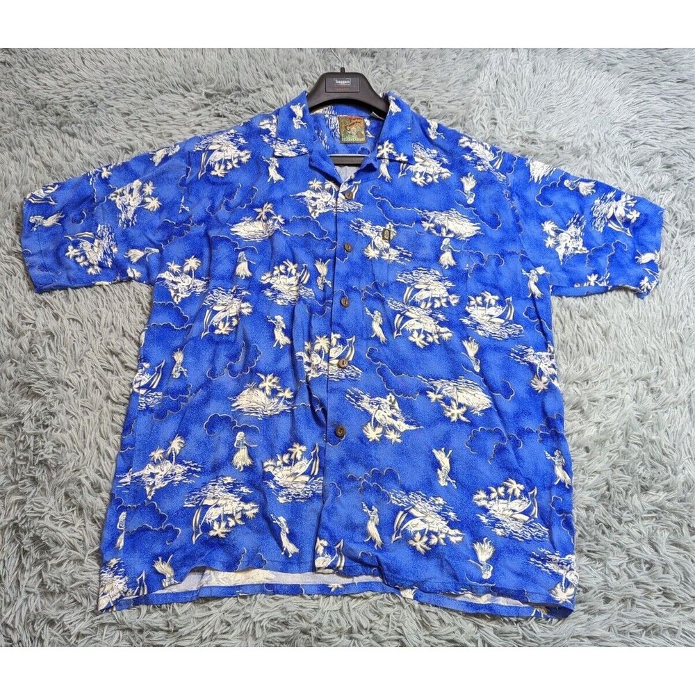 Pineapple Connection Hawaiian Shirt Mens Size XL XLarge Blue‎ Hula Girl Palms